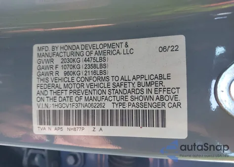2022 Honda Accord Sport from USA, damaged, VIN 1HGCV1F37NA062262